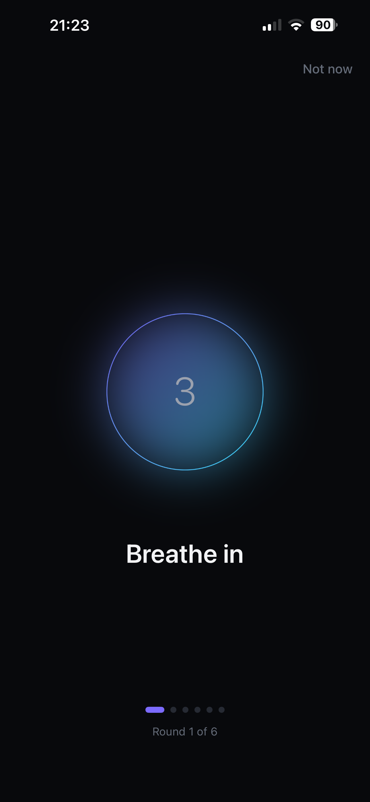 RESET breathing exercise screen with a glowing circle counting down and Round 1 of 6