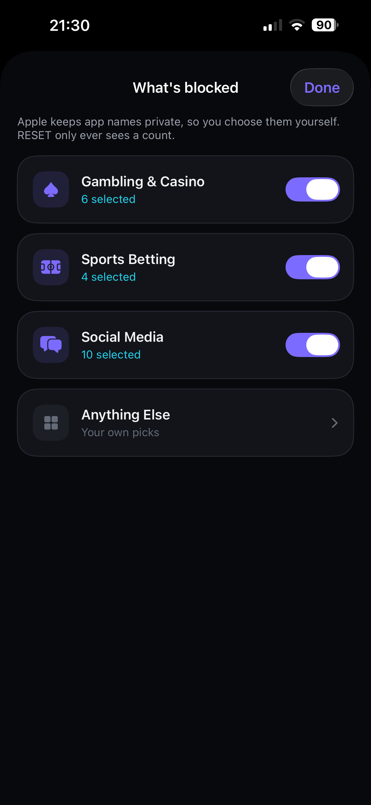RESET app picker showing Gambling and Casino, Sports Betting, and Social Media categories toggled on
